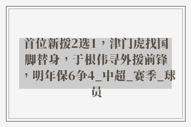 首位新援2选1，津门虎找国脚替身，于根伟寻外援前锋，明年保6争4_中超_赛季_球员