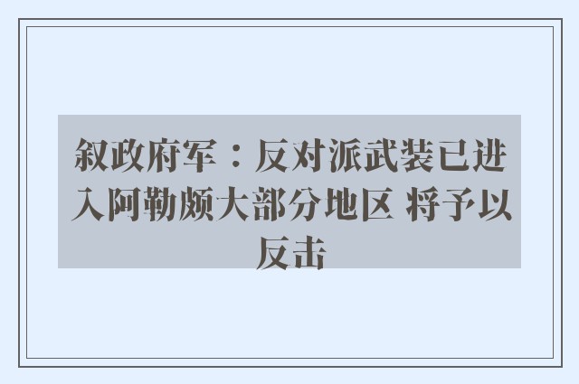 叙政府军：反对派武装已进入阿勒颇大部分地区 将予以反击