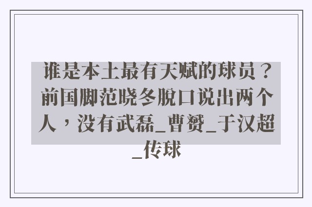 谁是本土最有天赋的球员？前国脚范晓冬脱口说出两个人，没有武磊_曹赟_于汉超_传球