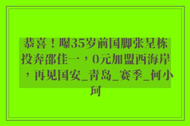 恭喜！曝35岁前国脚张呈栋投奔邵佳一，0元加盟西海岸，再见国安_青岛_赛季_何小珂